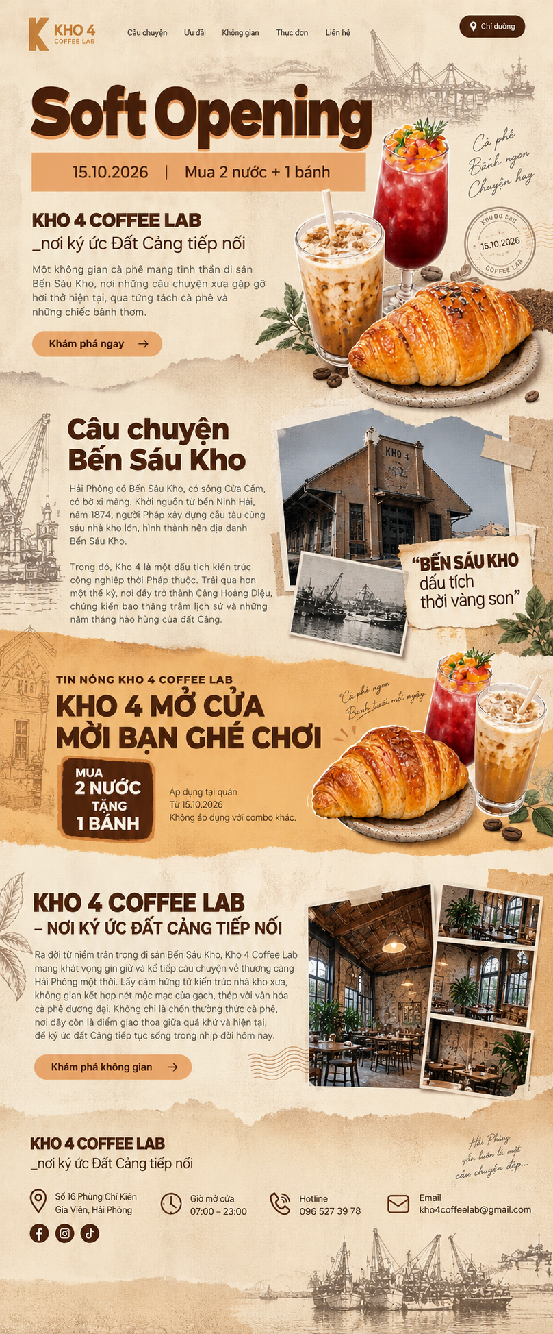 Kho 4 Coffee Lab – Soft Opening 15.10.2026, câu chuyện Bến Sáu Kho, ưu đãi mua 2 nước tặng 1 bánh, nơi ký ức Đất Cảng tiếp nối, địa chỉ 16 Phùng Chí Kiên, Gia Viên, Hải Phòng.